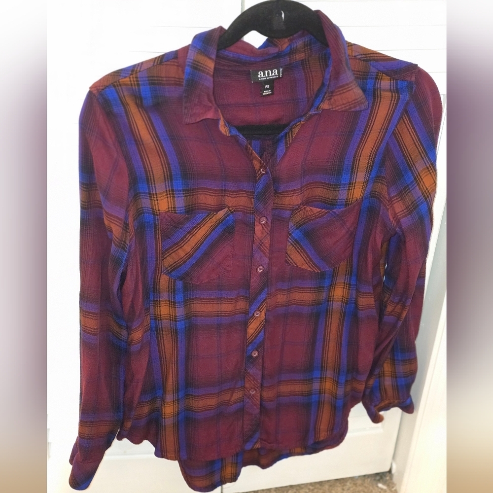 Rust Burgundy Plaid Button Down Rayon Shirt | a.n.a Size S Petite